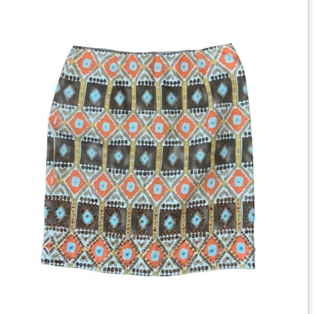 Worth Linen Beaded Pencil Skirt Aztec Print Size 8 Tan, Brown, Orange, Cream